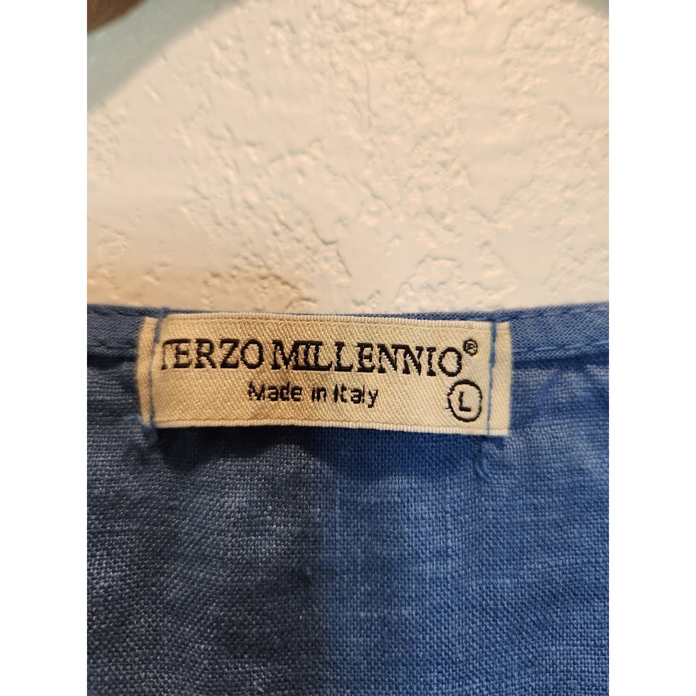 Terzo Millennio Italy Blue Linen Tunic Top Button Back High Low Lagenlook L - Picture 3 of 6